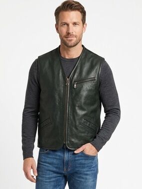 LEATHER VEST NICKELSON Zip-up black leather lined Vest with pockets Size Medium